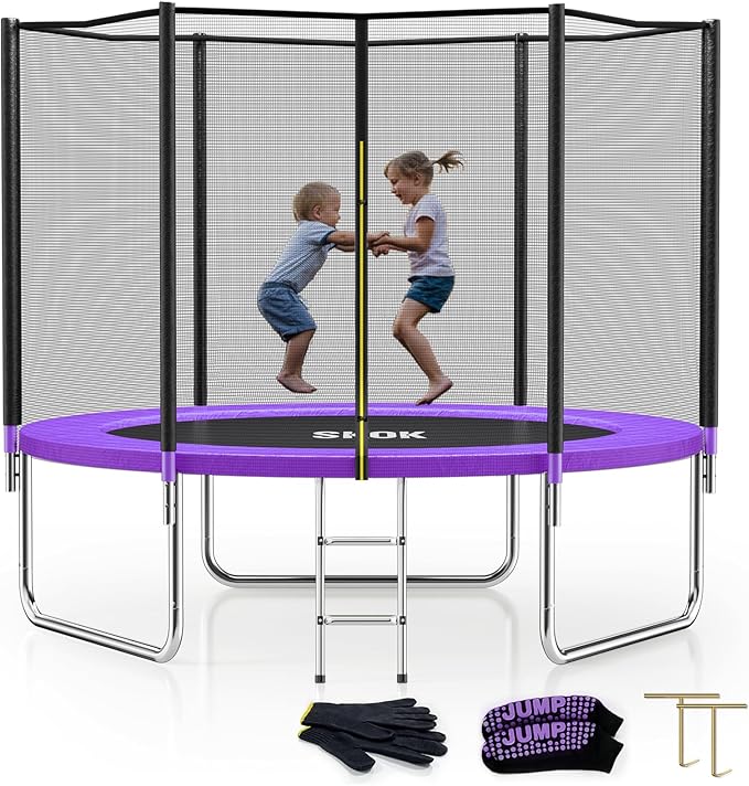SKOK Trampoline 8FT 10FT 12FT 14FT 15FT Trampolines with Enclosure Net, 400LBS Outdoor Trampolines for Kids with Basketball Hoop-ASTM Approved Trampoline for Children and Adults with Ladder