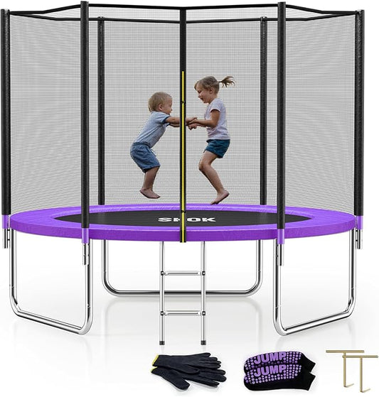 SKOK Trampoline 8FT 10FT 12FT 14FT 15FT Trampolines with Enclosure Net, 400LBS Outdoor Trampolines for Kids with Basketball Hoop-ASTM Approved Trampoline for Children and Adults with Ladder
