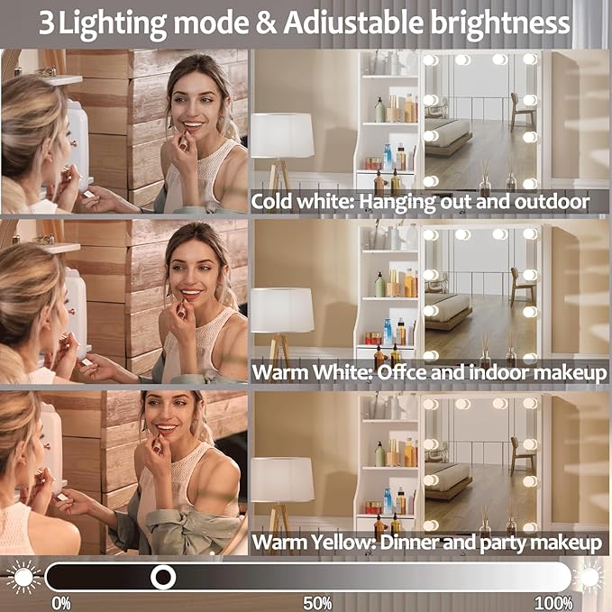 Vanity Set with Mirror and Lights, Vanity Table with Stool, Lighted Mirror 10 Dimmable Bulbs, 6 Drawers, Makeup Vanity Desk for Girls, White Bedroom Dressing Table