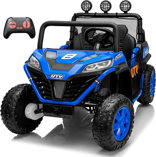 24V 2 Seater Ride on UTV Car, 4WD Ride on Toys for Kids with Remote Control, Shock Absorbers, LED Lights, Music, Off-Road Electric Car for Kids Boys Girls (Blue)