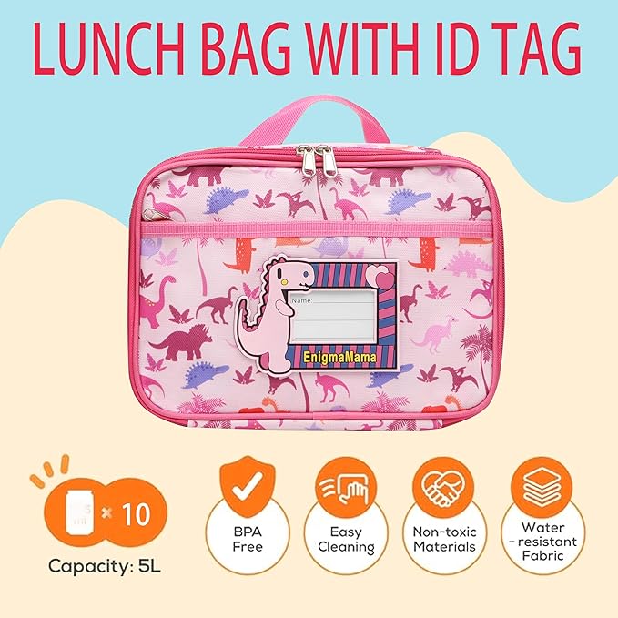 Kids Lunch Bag Set for Girl Dinosaur Lunch Bag with Name Tag & 6-Compartment Lunch Bento Box Insulated Lunch Tote (Pink bag+box