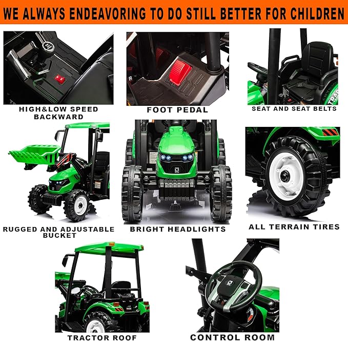 Kidsera 24V Ride on Tractor with Front Loader, Ride On Excavator with 24volt Dual Motors 4-Gearbox Metal Frame Kids Electric Vehicles 24V Power Wheels 24v Ride on Toys for Big Kids (Green)