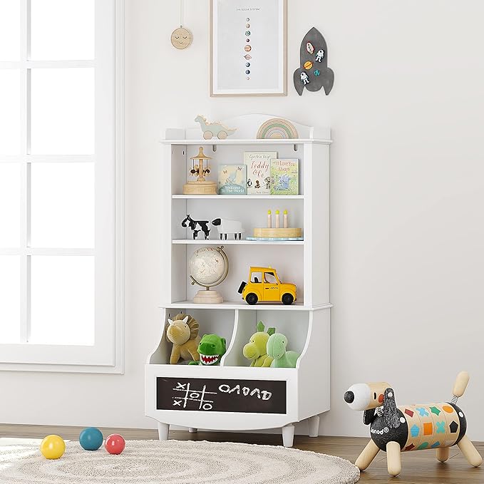 UTEX Wood Open Bookshelf and Toy Storage, Bookcase with Blackboard and Cubbies, Toy Organizer Cabinet, Bookshelves Display Stand for Toddlers, Kids, White
