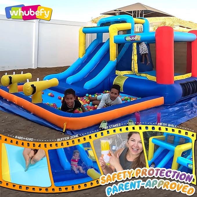 Whubefy Inflatable Water Slide Bounce House for Kids Backyard Blow Up Dual Racing Slides Water Park with Blower, Overhead Sprinkler, Splash Pool, Water Cannon, Climbing Wall for Indoor Outdoor Fun