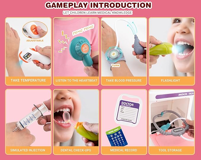 Doctor Kit for Toddlers - Deluxe Pretend Play Medical Cart Toy Set with Stethoscope ,Thermometer,Doctor Costume & Carry Bag - Educational Role Play Gift for Kids Boys & Girls Ages 3 4 5（Pink）
