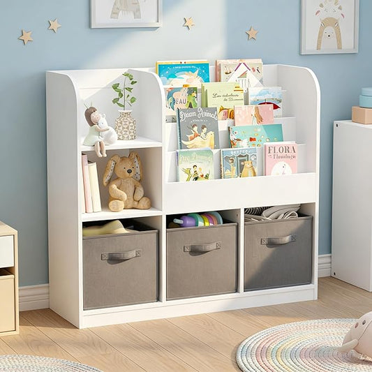 Kids Bookshelf, Wooden Kids Bookcase with 3 Storage Bins for Toy Storage, 4-Tier Shelf for Books & Reading, Multifunctional Toy Box with Bookshelf for Nursery & Bedroom Organization