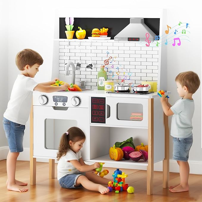 soges Kids Kitchen Playset, Play Kitchen with Realistic Lights & Sounds, Pretend Play Kitchen Wooden Toy Set with Storage Space, Realistic Design Utensils Oven Microwave Sink, Idea Gift for Kids