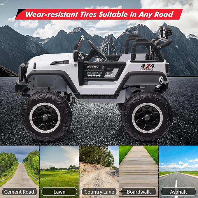 2 Seats 24V Kids Ride on Truck with Remote Control, Battery Powered Electric Ride Car Toy for 3-8 Years, 4 Motors,20" Seat Width for 2 Seaters, LED Light,Music,High/Low Speeds,Shovel, USB (White)