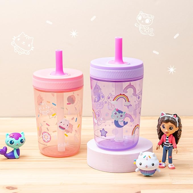 Zak Designs Gabby's Dollhouse Kelso Toddler Cups For Travel or At Home, 15oz 2-Pack Durable Plastic Sippy Cups With Leak-Proof Design is Perfect For Kids Cakey Cat, Mercat