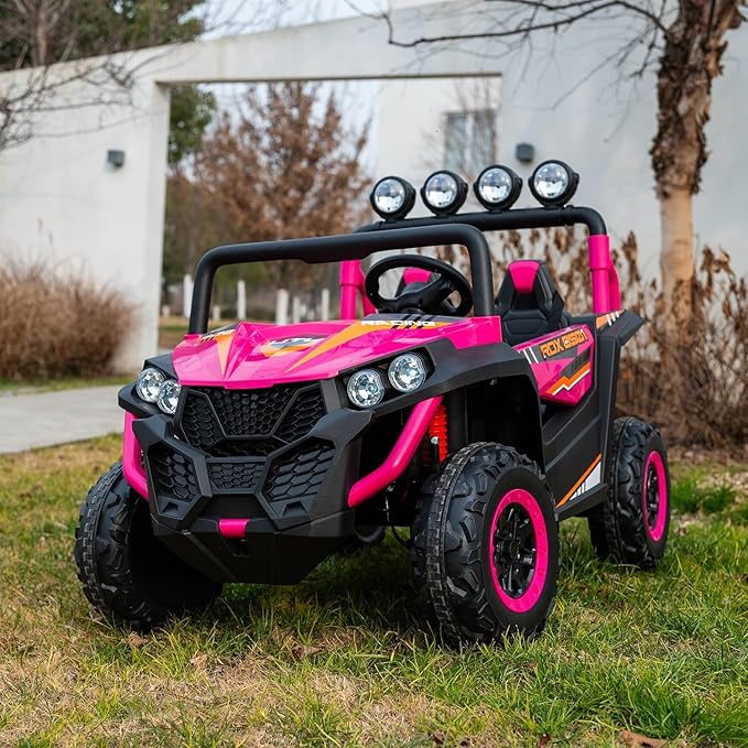 24V 2-Seater Kids Ride-On UTV, 4WD Electric Car with Parent Remote Control, 4x200W Motor, Spring Suspension, LED Headlights & Searchlights, Bluetooth Music, 3-Speed, New Edition, Magenta