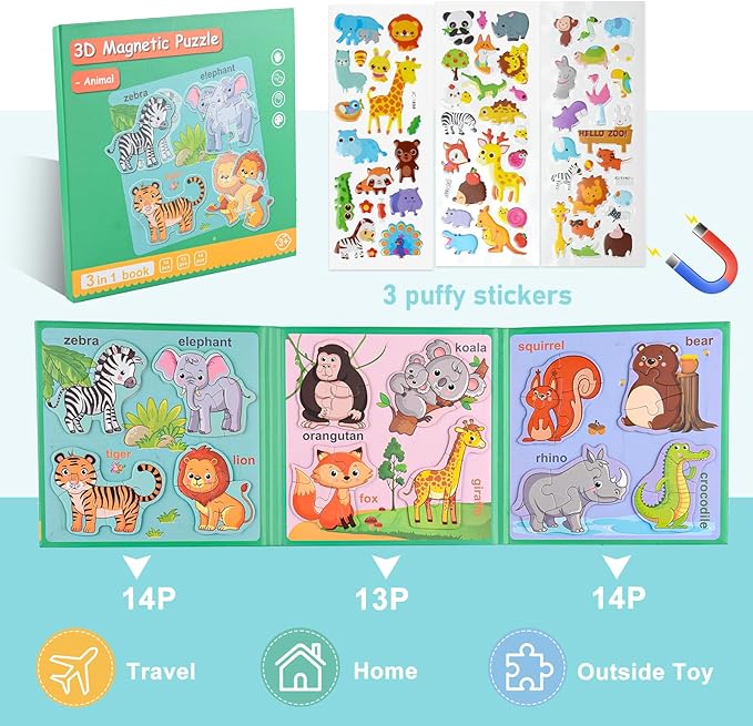 ASTARON 3D Magnetic Animal Puzzle with 60 Puffy Stickers for Toddlers, 41 Pieces Puzzles Preschool Education Learning Travel Toys Car Plane Activities for Kids Road Trip Birthday Gifts