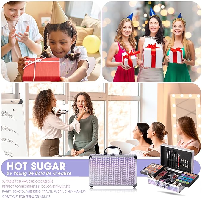 Hot Sugar Makeup Kit for Girls 10-12, Girls Makeup Set Ages 8-12, 14-16 With Aluminum Makeup Case (Purple Houndstooth)