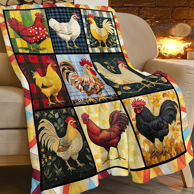 Rooster Blanket, Chicken Throw Blanket, Farmhouse Rooster Gifts Blankets Stuff Fleece Flannel Plush for Women Men Boys Girls Lovers Adults Soft Bedding Gift for Sofa Bed Office Home Decor 80"x60"