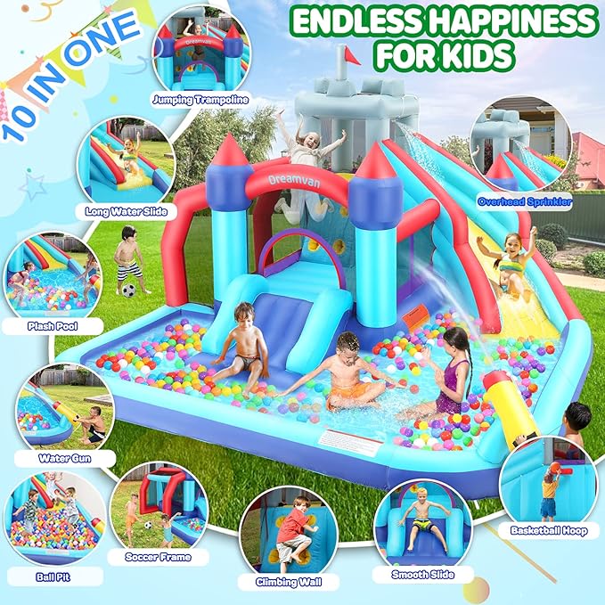 Inflatable Water Slide, 10 in 1 Bounce House Water Park with 580W Blower Climbing Wall, Splash Pool, Cannon, Jump Area, Basketball Hoop, Ball Gate, Water Slides Kids Bouncy Castle for Backyard Fun