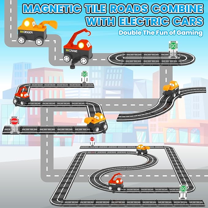 Magnetic Tiles Roads Engineering Vehicle Set, Magnetic Blocks Road Truck Car Toys for 3 4 5 6 Year Old Boys Girls, Cars Games Classroom Montessori Toys for Kids, Educational STEM Toy Birthday Gifts