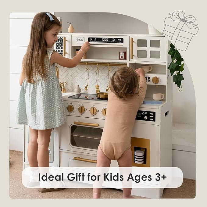 Wooden Play Kitchen for Kids– Realistic Appliances, Smart Storage & 15 Fun Accessories for Inspiring Pretend Play (Ages 3+)