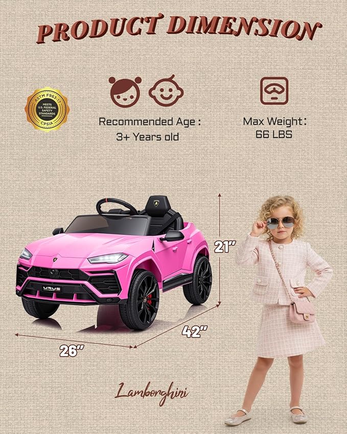 First Ride On Electric Car for Kids 12V Licensed Lamborghini Ride On Car with Remote Control, LED Lights, Music Players, Lockable Doors, Spring Suspension, Toddler Cars to Drive (Pink)