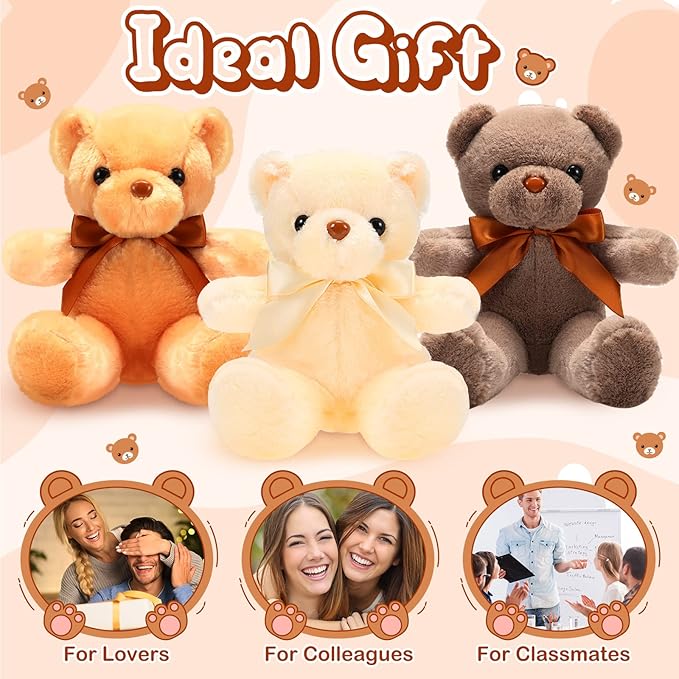 HyDren 30 Pcs Stuffed Animals Plush Bears Gifts Bulk Sleeping Playing Bear Toys with Bow Tie for Birthday Baby Shower Graduation Christmas Wedding Party Favor(12 Inch,White, Light Brown, Beige)