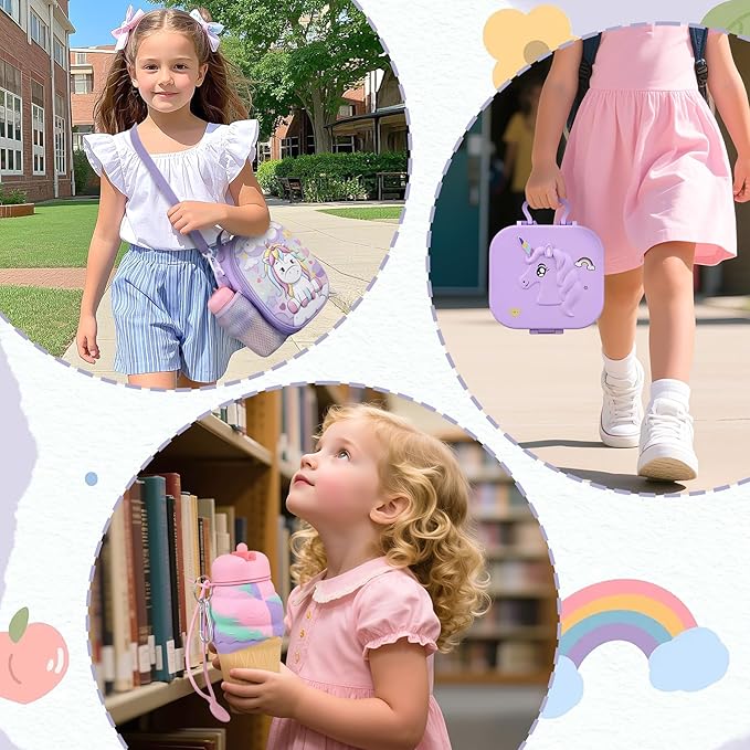 Kids Lunch Box Set -12oz Insulated Food Jar, Thermal Bag,Leakproof Lunch Food Containers Cutlery (BPA Free)-Gift for Girls/Boys Age 3-10(Purple+Purple Jar)