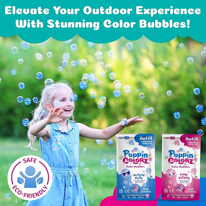 WOWMAZING PoppinColorz Cozmic Light-Up Color Bubbles Blaster with 1 Pink, 1 Blue and 2 Clear Bubble Solutions Made in The USA - No Dipping Necessary - Easy Click Trigger for Small Hands