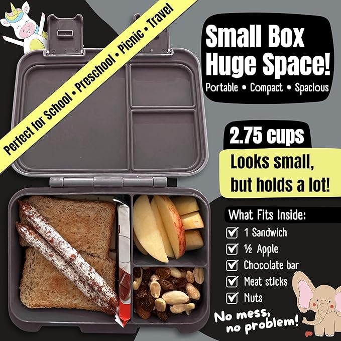 BEARFOOT Kids Lunch Box with Compartments – Compact & Lightweight | Leak-Proof, BPA-Free, Dishwasher & Microwave Safe | Hand-Drawn Design for Preschool, School, Travel (Black, 2.75 Cups)