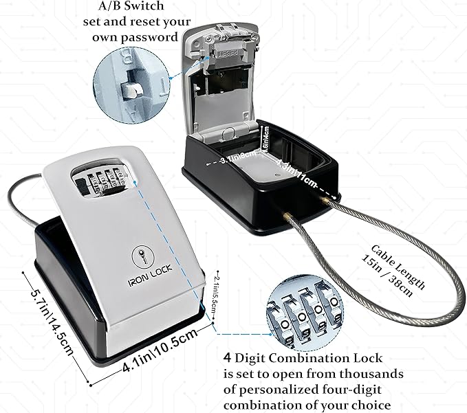 Iron Lock® XXL Portable Key Lock Box and Wall Mounted with Removable Cable Shackle Waterproof Indoor Outdoor 4 Digit Combo Resettable Code with A B Switch Extra Large Key Lockbox Outside (XXL, Grey)