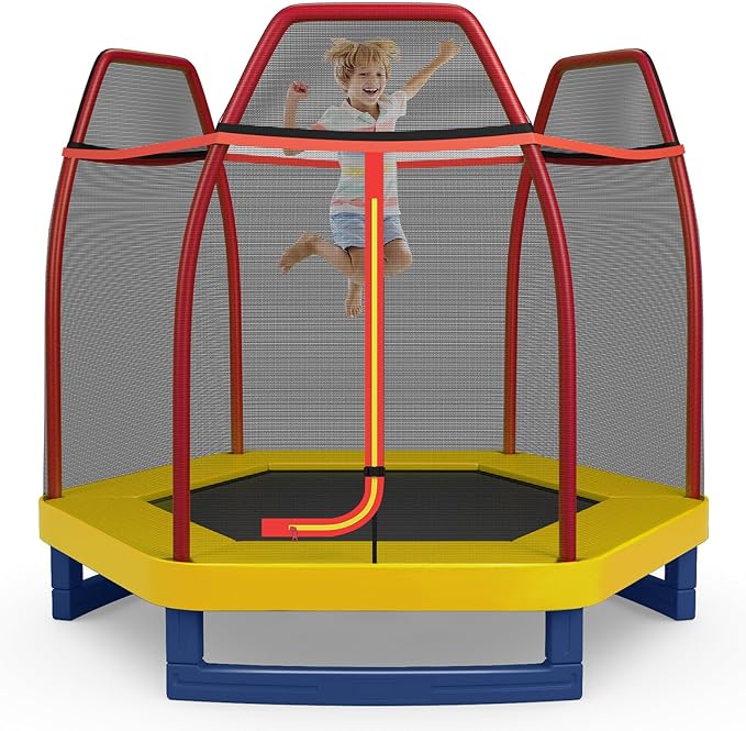 GYMAX Trampoline for Kids, 7FT Toddler Trampoline with Safety Enclosure Net & Seamless Spring Pad, Heavy Duty Small Indoor/Outdoor Trampoline for Boys, Girls Age 3+