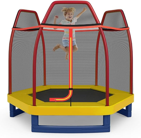 GYMAX Trampoline for Kids, 7FT Toddler Trampoline with Safety Enclosure Net & Seamless Spring Pad, Heavy Duty Small Indoor/Outdoor Trampoline for Boys, Girls Age 3+