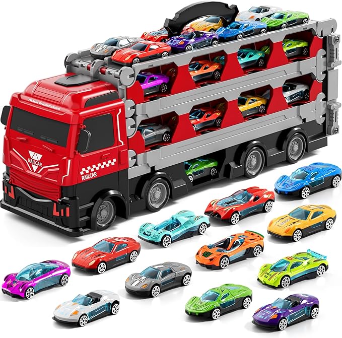 78-Inch Cars Trucks Toys for Toddler 1-3 2-4 3-5 4-7 Years Old Boys Kids, Transport Truck with 24Pcs Die-Cast Cars, Gifts for 3 4 5 6 Year Old Boys, Toddler Boy Toys Ages 3-5 4-7