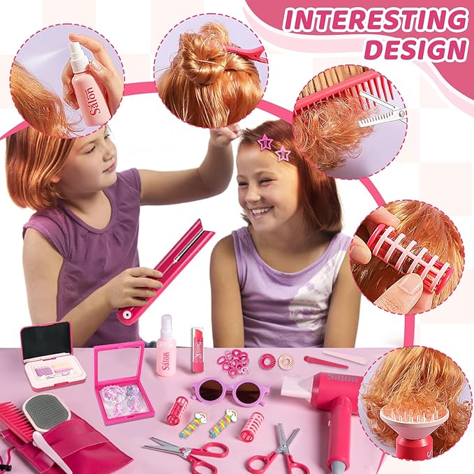 45PCS Hair Salon Toys for Girls Pretend Play Set, Kids Dress Up Beauty Kit with Hair Dryer & Curling Iron Accessories, Christmas Birthday Gift for Toddler Age 3 4 5 6+