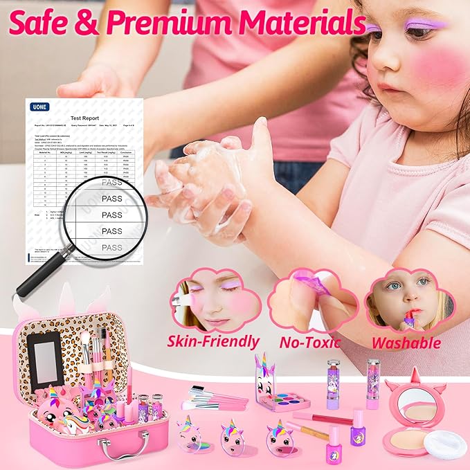 Little Girls Makeup Kit, Pretend Make Up for Kids, Princess Play Makeup Set, Toddler Toy Real Washable Cosmetic Set & Nail Kit Birthday Gift for Ages 3 4 5 6 7 8 9 10-12 Year Old, Bright Pink