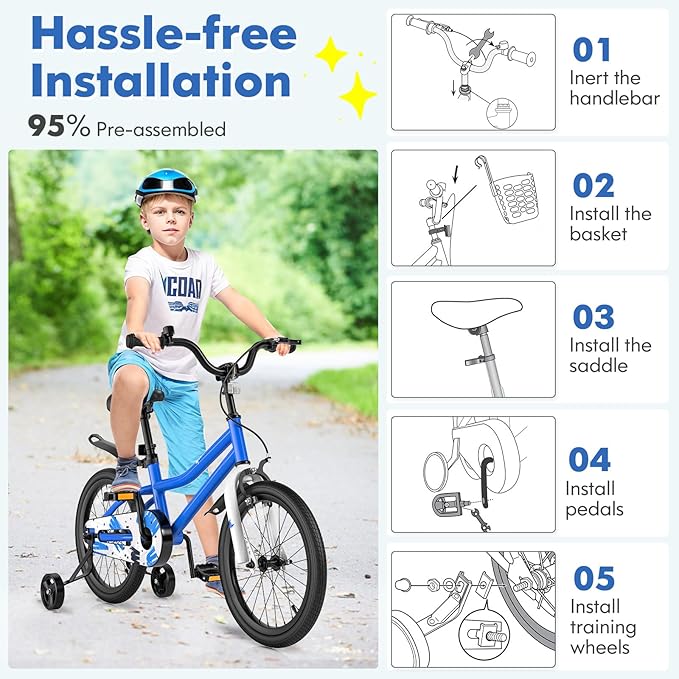 COSTWAY Kids Bike, 12 14 16 18 Inch Toddler Bike for Boys & Girls Aged 3-8 Years Old, Kids Bicycle w/Removable Training Wheels, Handbrake & Coaster Brake, Basket, Bell