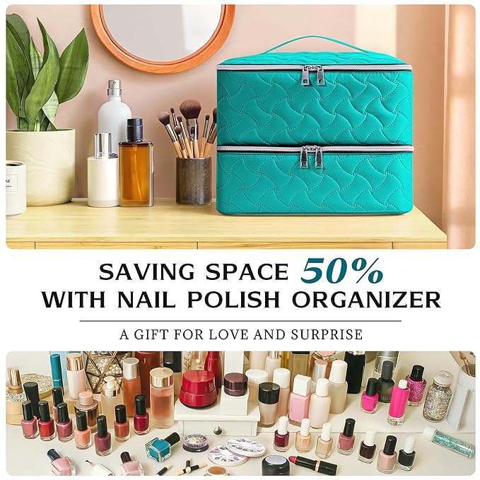 DreamGenius Nail Polish Organizer Case Holds 42 Bottles, Portable Double-Layer Nail Polish Storage Bag with Adjustable Dividers for Manicure Tools, Blue
