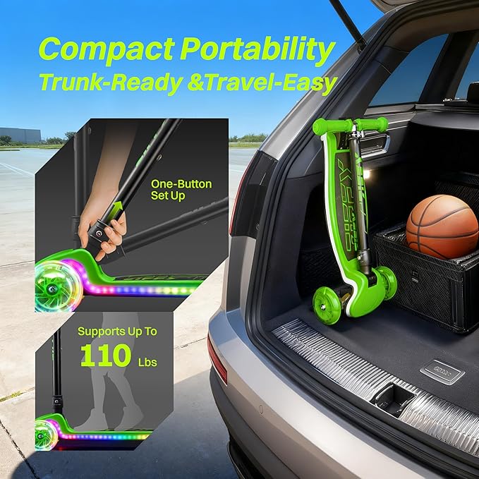 ZIFFY 3-Wheel Light-Up Toddler Scooter for Kids 3-8, Kids Scooter for Boys Girls with 20 Dynamic LED Lights, 4 Adjustable Height Balance Kick Scooter 110LBS, Lean-to-Steer Anti-Slip Wide Deck by JOVA