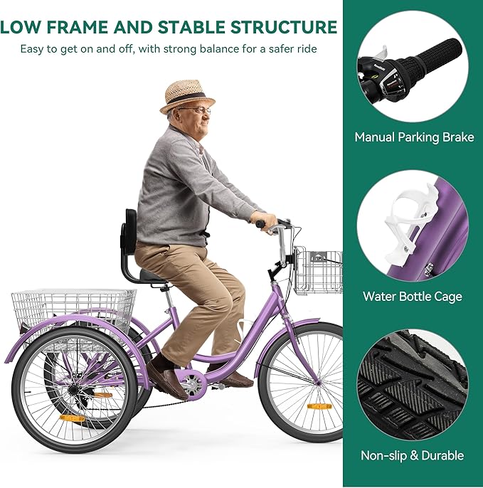 YITAHOME 24 & 26 Inch Adult Tricycle, 1 & 7 Speed 3 Wheel Bikes, Large Seat with Backrest Trike for Adults with Front & Rear Baskets, Cruiser Bike for Seniors Women Men Commute Picnic Outdoor