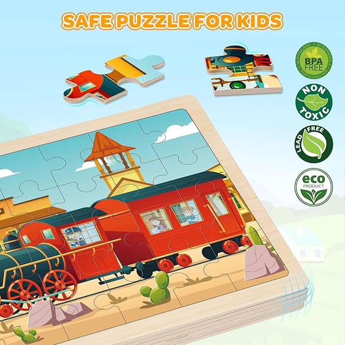 Puzzles for Kids Ages 4-6, 4 Packs 24 Pcs Wooden Jigsaw Puzzles for Toddlers Ages 2-4, Preschool Educational Vehicle Puzzle Toys Gifts for 3 4 5 6 Boys Girls