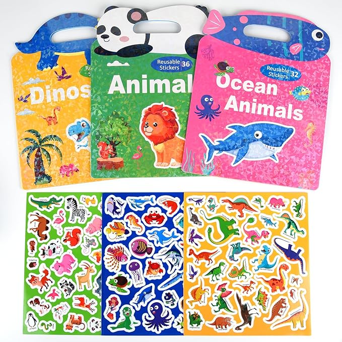 ASTARON 3 Pack Reusable 3D Puffy Sticker Book for Kids 3-6, Jelly Sticker Game Educational Sensory Learning Toy, Travel Toys and Busy Book(Animal Shade Handle)