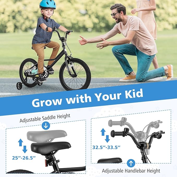 BABY JOY Kids Bike, 12 14 16 18 Inches Car Pattern Sporty Bicycle w/Removable Training Wheels, Hand & Coaster Brakes, Adjustable Seat & Handlebar, Girls Boys Bike