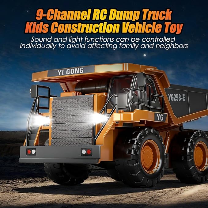 HuiJuKeJi Remote Control Dump Truck - 360° Rotating Metal Bed, 9-Channel RC Construction Toy for Indoor Outdoor Play, Rechargeable with Lights & Sounds, for Kids Ages 6+