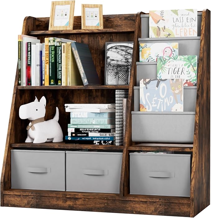 Rustic Kids Bookshelf Wood Montessori Toy Storage Organizer Cabinet Shelf Child Bookcase Toddler Baby Sling Book Rack 3 Cube Bin Fabric Drawers for Playroom Bedroom Nursery School