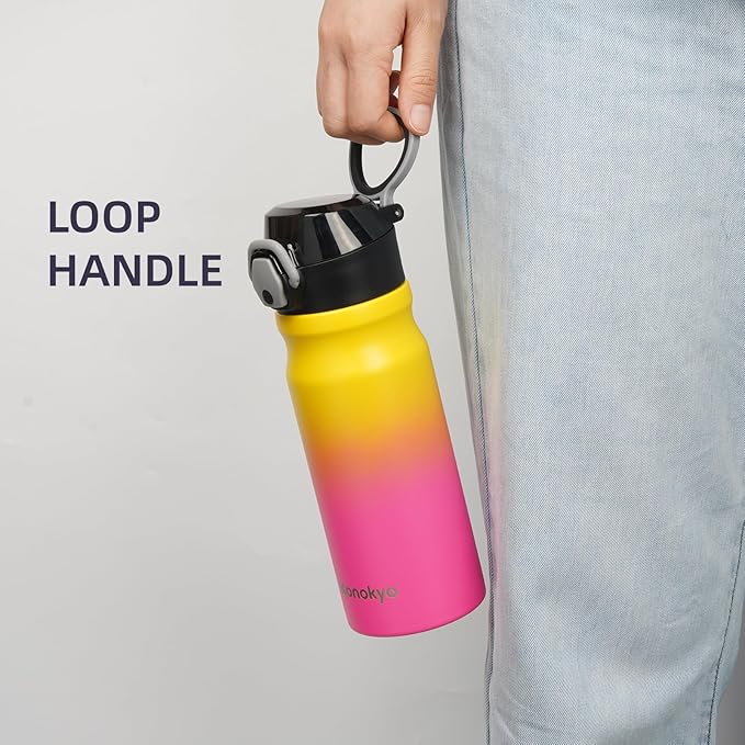 Insulated Water Bottle with Straw and Carry Loop,18 oz Stainless Steel Double Wall Vaccum Metal Water Flask with Leak-proof Lid,Rainbow