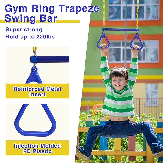 REDCAMP Outdoor Kids Swingset, Trapeze Swing Bar and Climbing Rope with Heavy Duty Coated Chains and Carabiners, Backyard Playground Accessories (Blue)