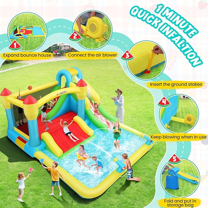 AKEYDIY Bounce House Water Slide, Inflatable Water Slide Park with with Long Slide, Pool, Climbing Wall, Water Gun for Outdoor, Blow up Water Slides Bounce House Castle for Kids Backyard Party Gifts