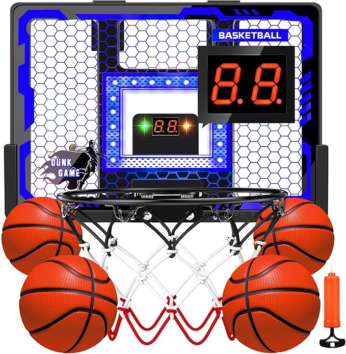 Indoor Basketball Hoop Toy for Kids - Mini Basketball Hoops with Scoreboard&4 Balls, Anti-Impact Backboard&Music Lights, Indoor Outdoor Basketball Sports Toys for Kids 4-8 8-12