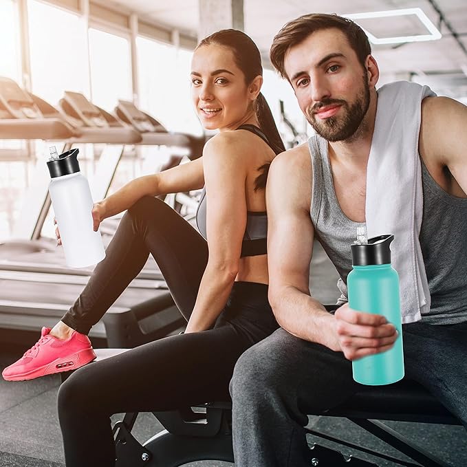 VEGOND 32 oz Insulated Water Bottle Bulk Stainless Steel Metal Water Bottles with Leak Proof Straw Lid & Spout Lid, Wide Mouth Double Walled Vacuum Travel Sports Bottle, 4 Pack