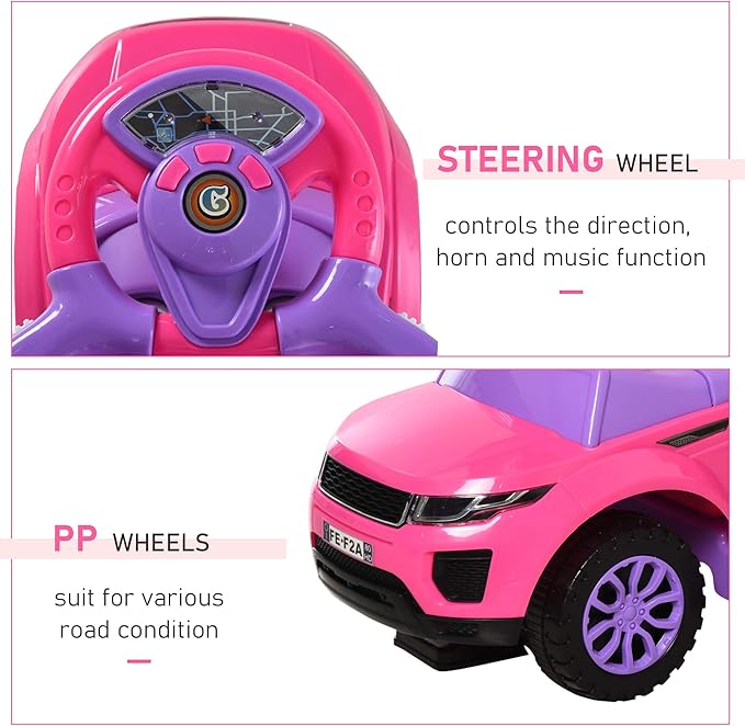 Aosom 2 in 1 Push Cars for Toddlers Kid Ride on Push Car Stroller Sliding Car with Horn Music Light Function Secure Bar Ride on Toy for Boy Girl 1-3 Years Old Pink