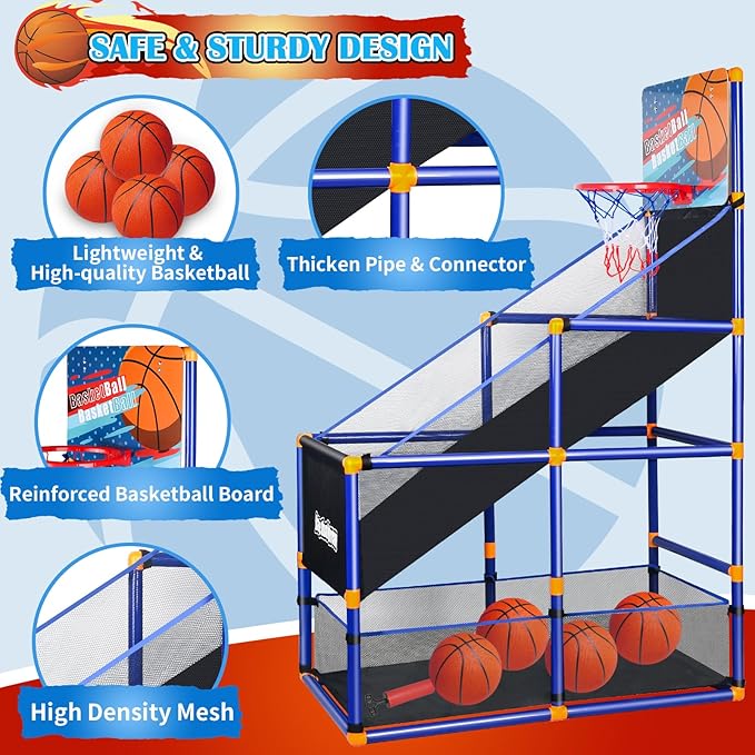Arcade Basketball Game Set for Kids, Boy Toys Basketball Hoop with 4 Balls for 3 to 12 Years Old, Adjustable Height w/Pump & Storage Net for Kids Indoor Outdoor Sports Play, Christmas Birthday Gifts