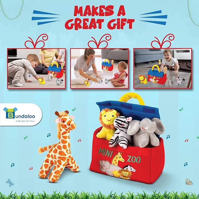 Bundaloo Plush Mini Zoo Playset - Giraffe, Elephant, Lion, Zebra - Interactive Animals, Carrier with Velcro Closure, Natural Sound Effects for Babies and Toddlers