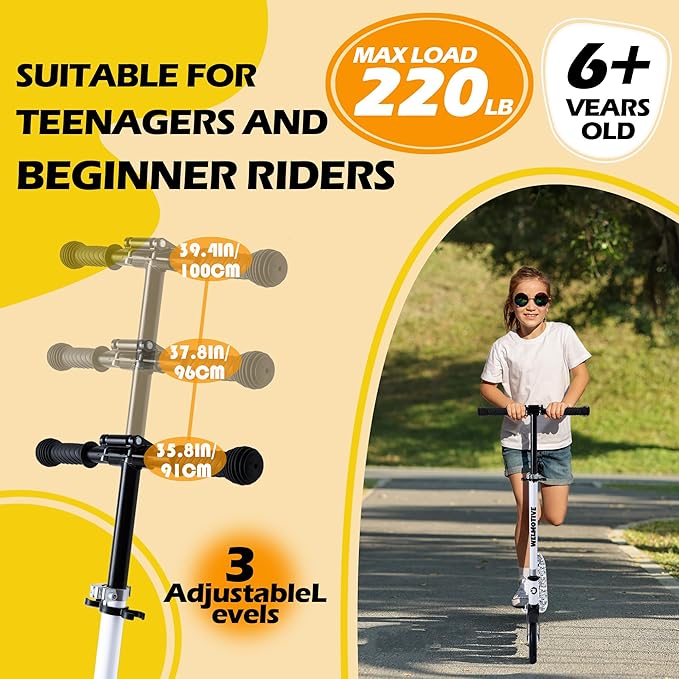 Kick Scooter for Kids Ages 6+, Teens & Adults, Adjustable Handlebars, Rear Brake, Big Wheel Foldable Scooter for Indoor & Outdoor