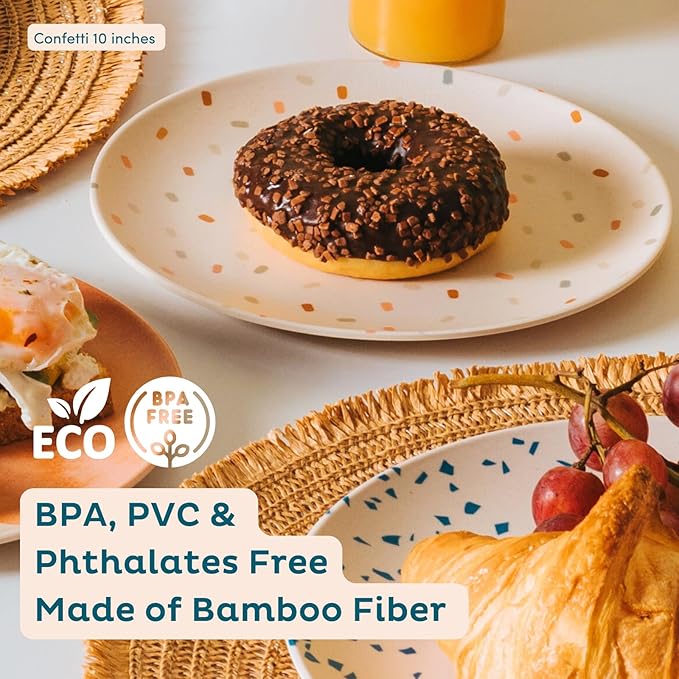 Nook Theory 4 Pack Reusable Bamboo Plates - Non-Toxic Toddler and Kids Plate, Dishwasher Safe, Not Microwavable Dinnerware (Confetti 8")